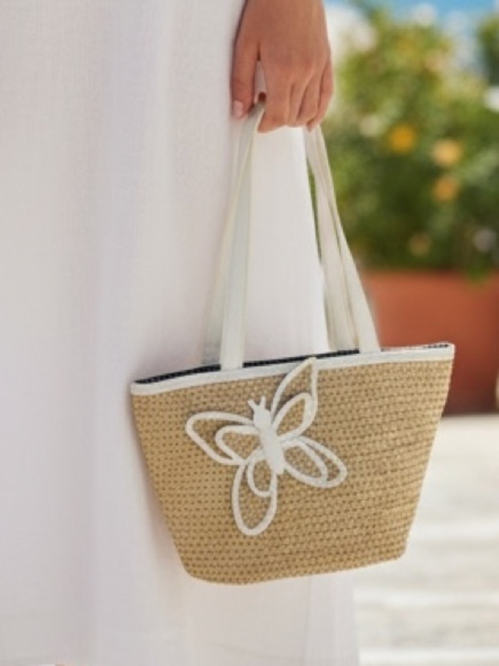 BUENO Woven Straw Tote Bag with White Trim and Butterfly Accent